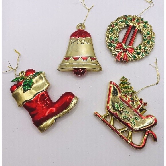 Other - Vintage Christmas Ornaments Gold Red Stocking Wreath Sleigh Bell